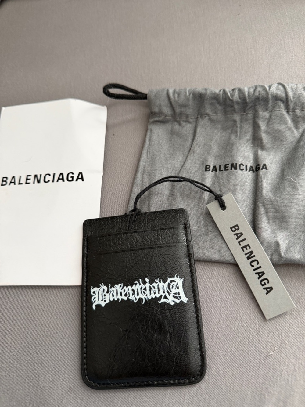 Balenciaga Black Leather Card Sleeve with White Gothic Logo - Picture 2 of 4